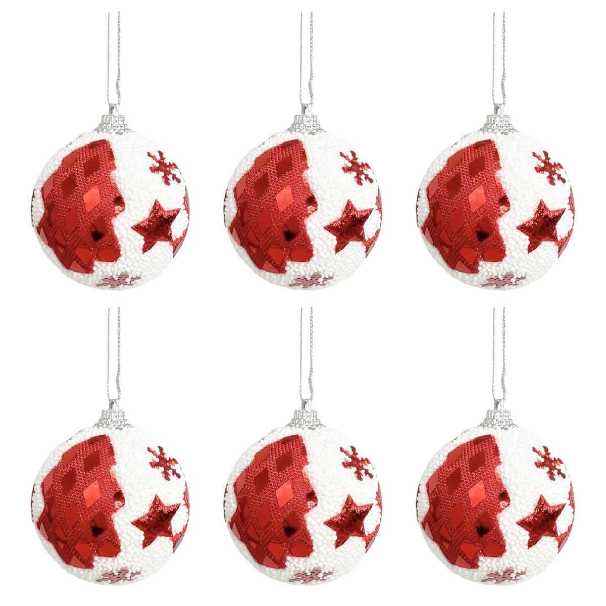 Set 6 Globuri Lux 6cm Fulgi Alb Rosu