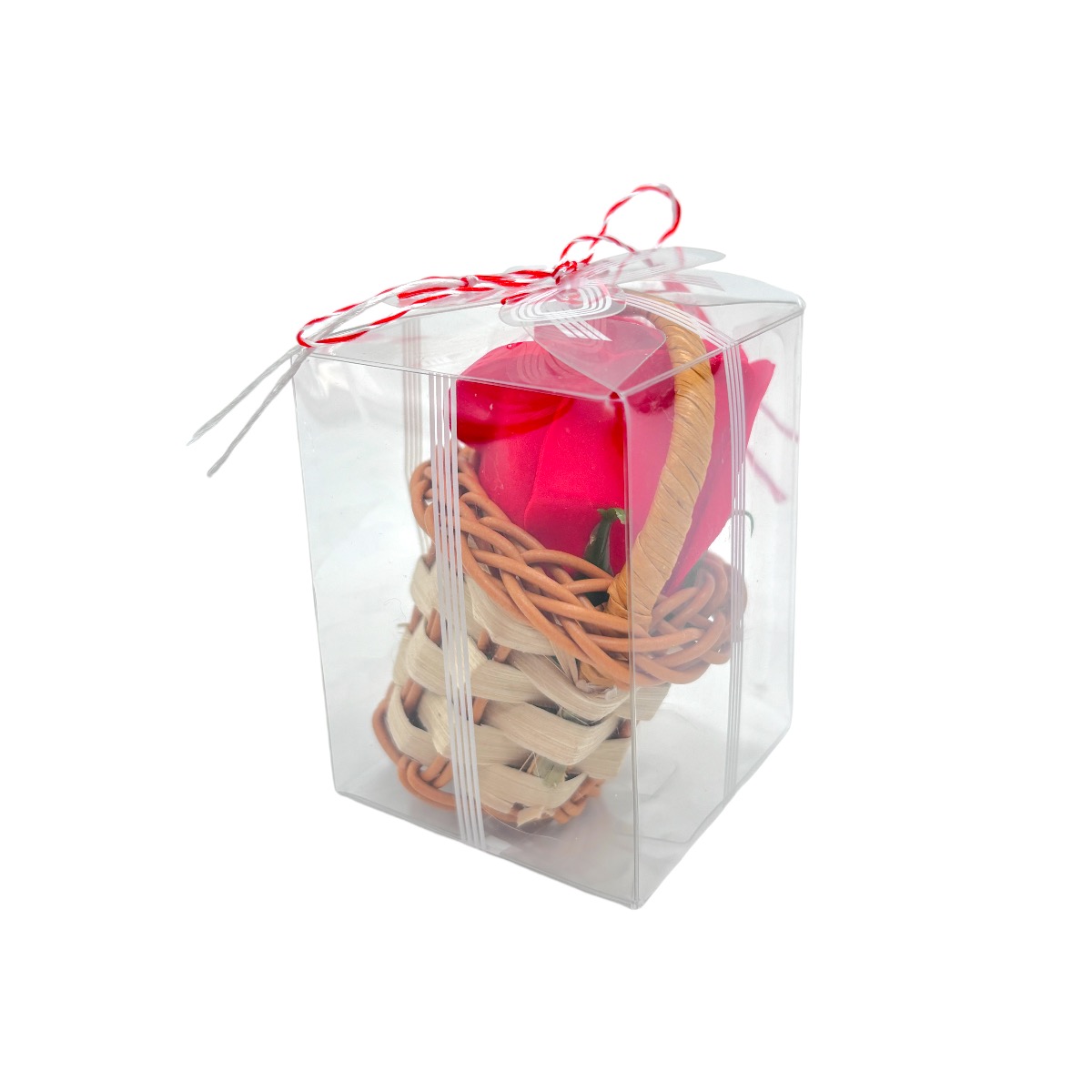 Ornament trandafir de sapun rosu in cosulet cutie acetofan si martisor