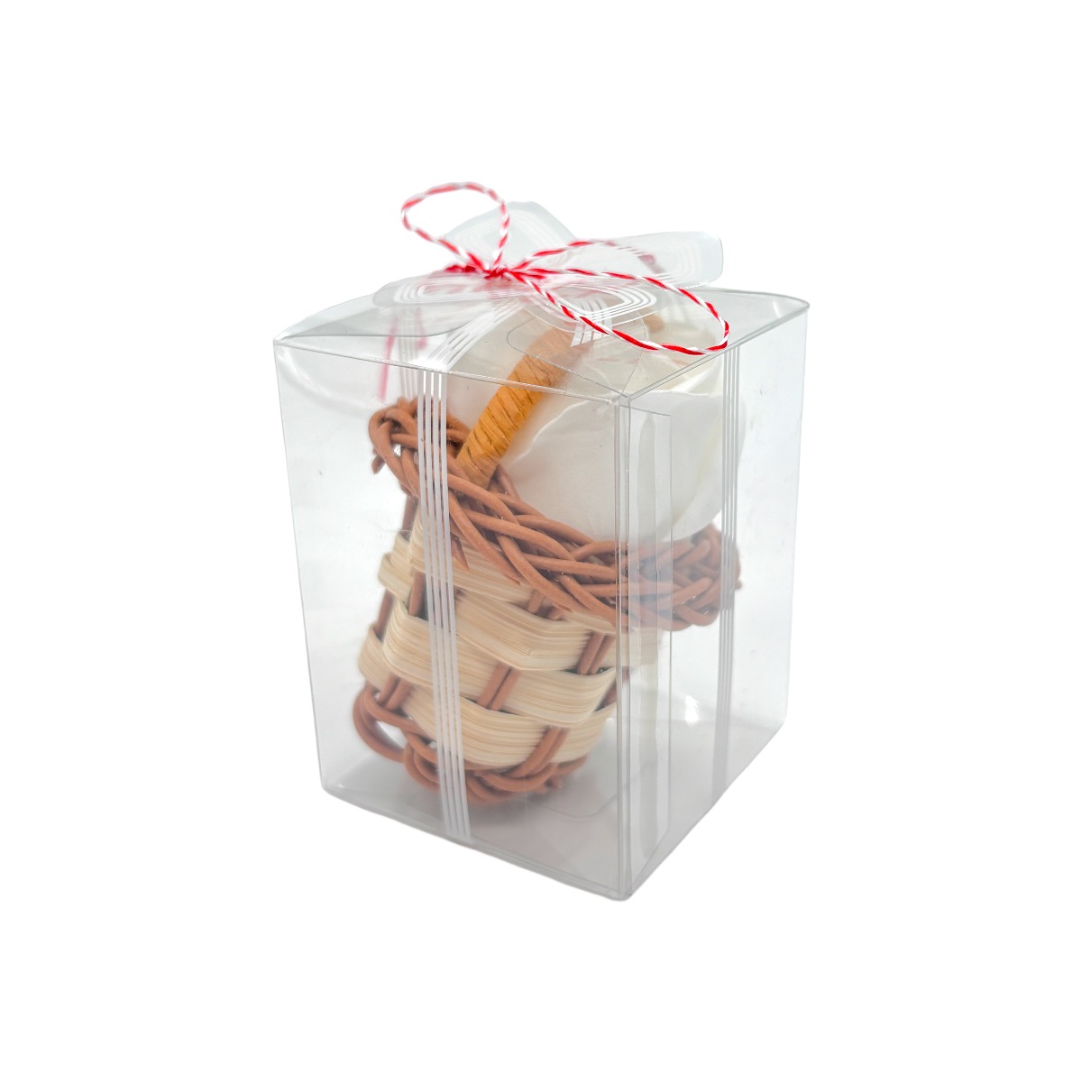 Ornament trandafir de sapun alb in cosulet cutie acetofan si martisor