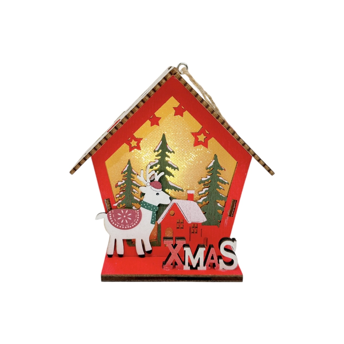 Cutie Lemn cu Led X-Mas Reni si Casuta cu Acoperis Natur