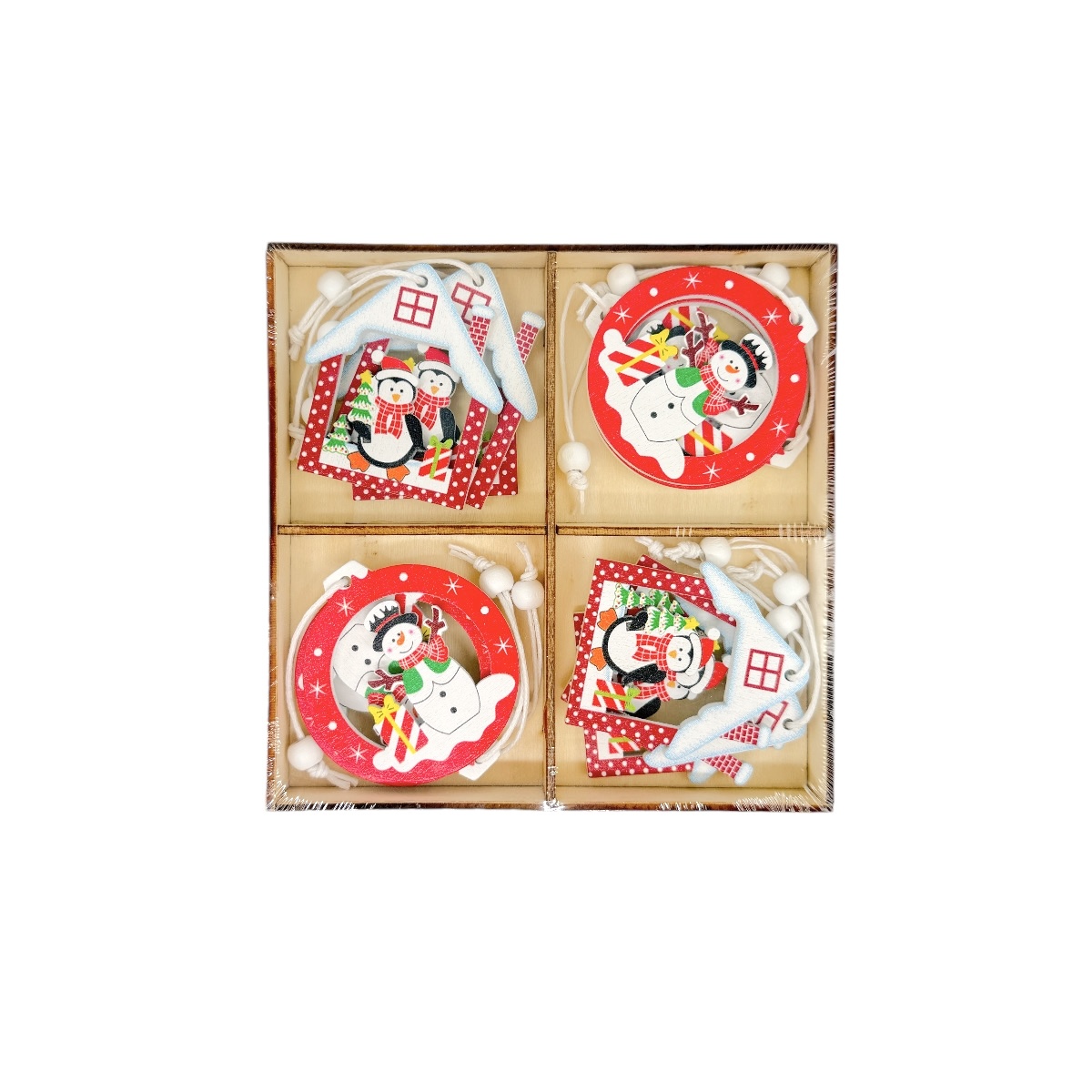 Set 12 Ornamente de Craciun din lemn Glob si Casuta