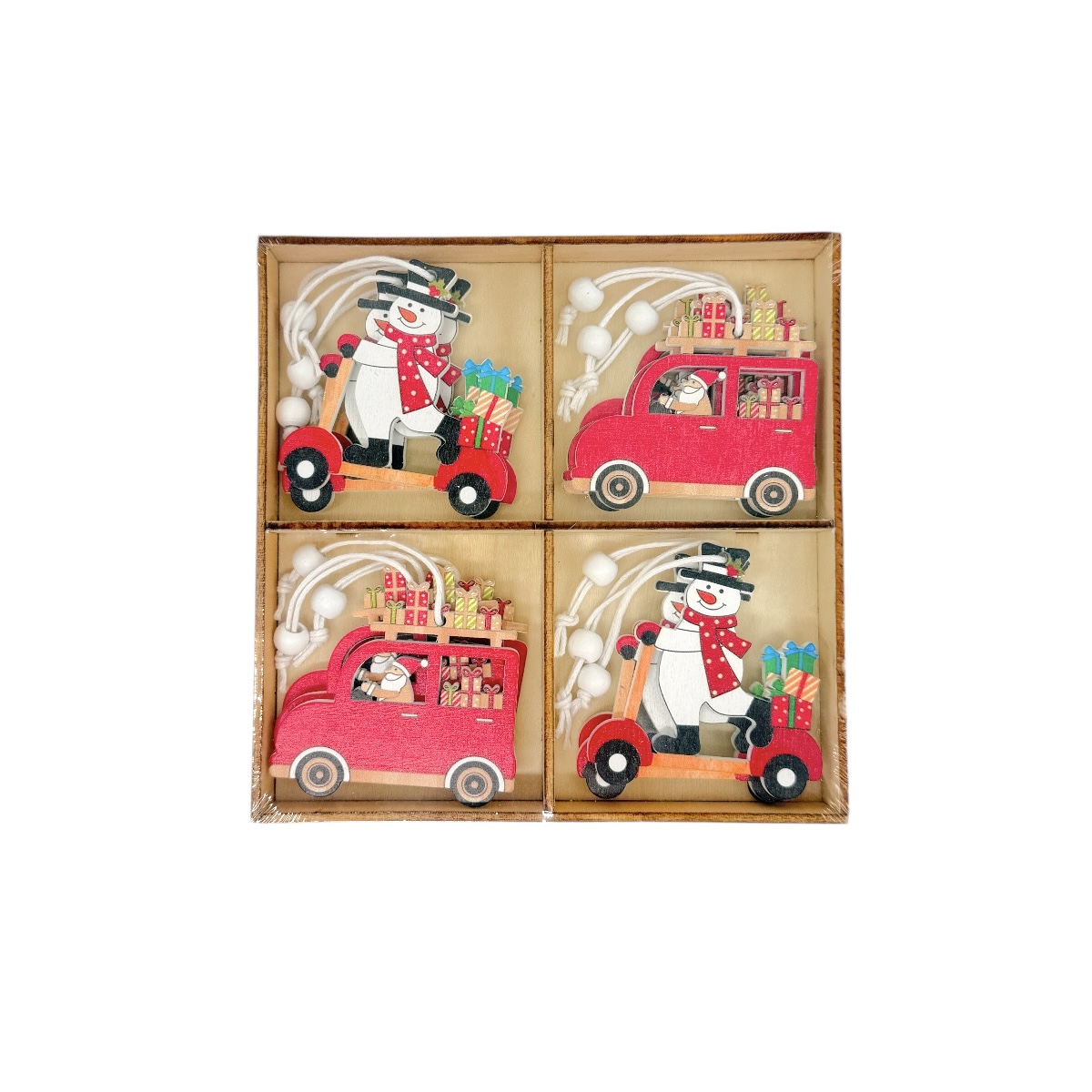 Set 12 Ornamente de Craciun din lemn Om de Zapada si Masina