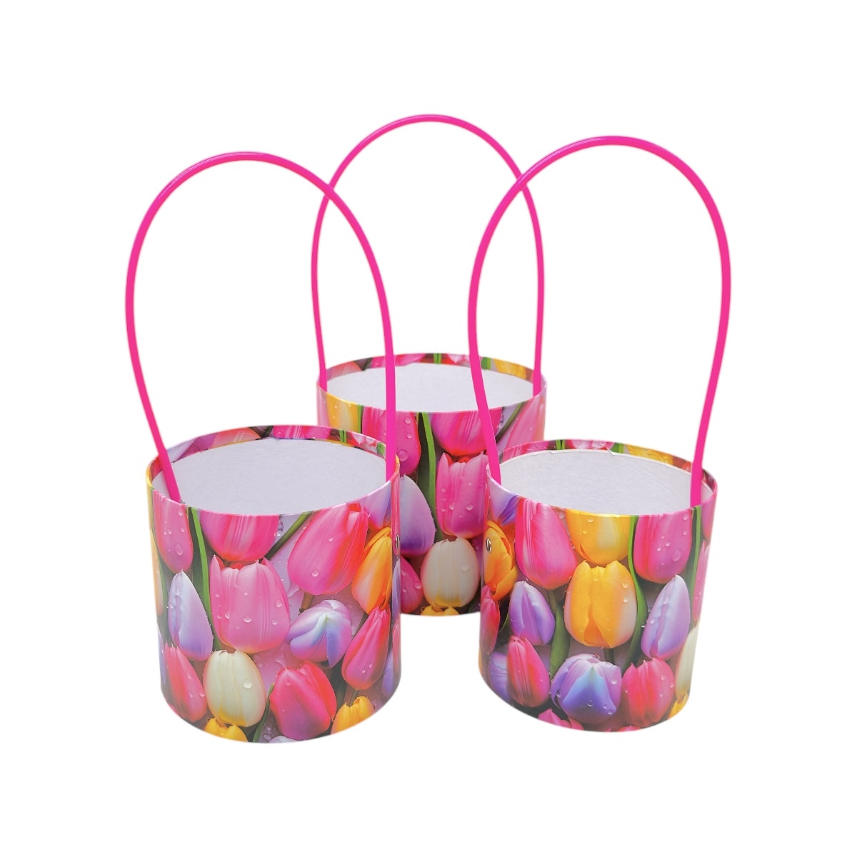 Set 3 Cutii Rotunde cu Maner si Model Camp Lalele