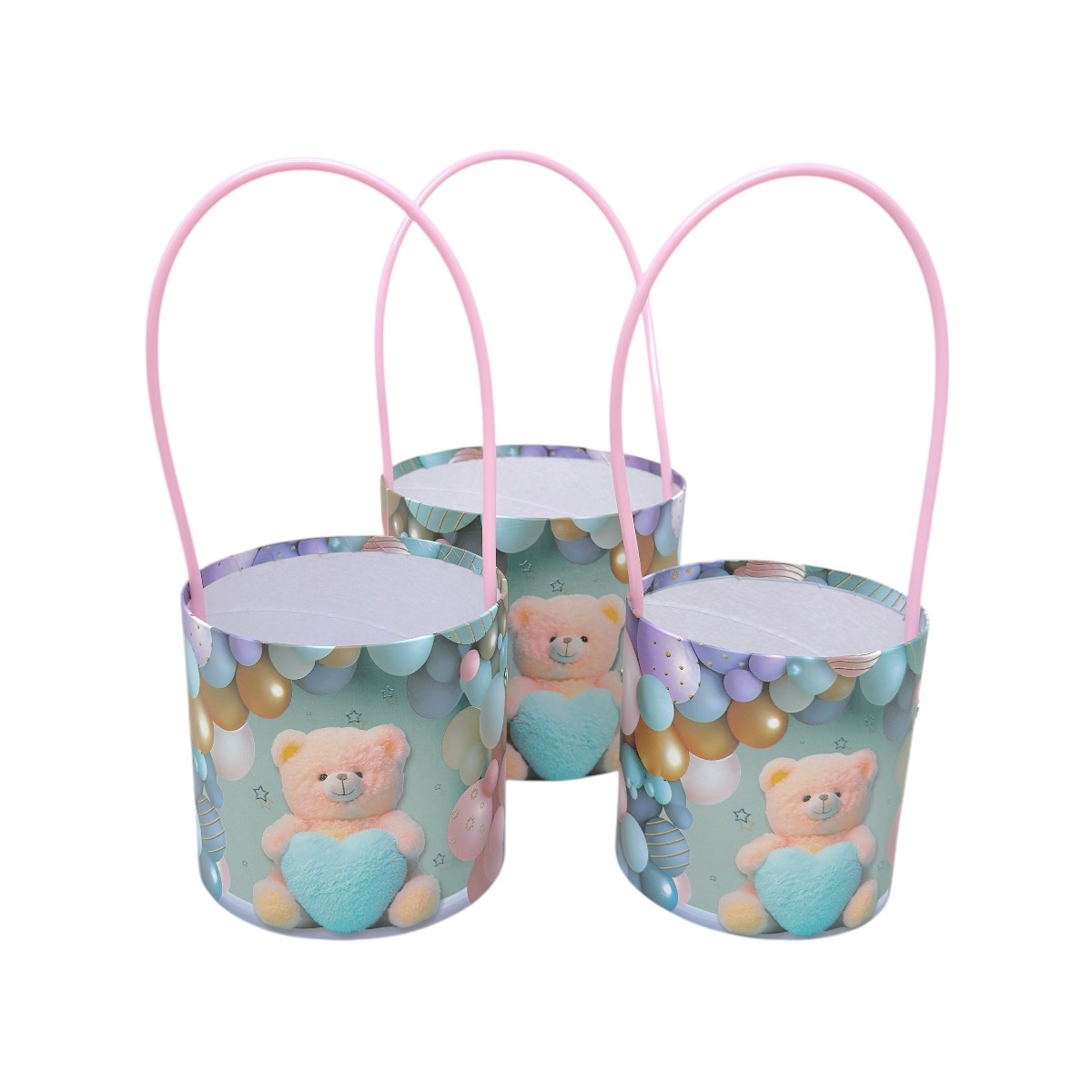 Set 3 Cutii Rotunde cu Maner si Ursulet cu Inima Turquoise