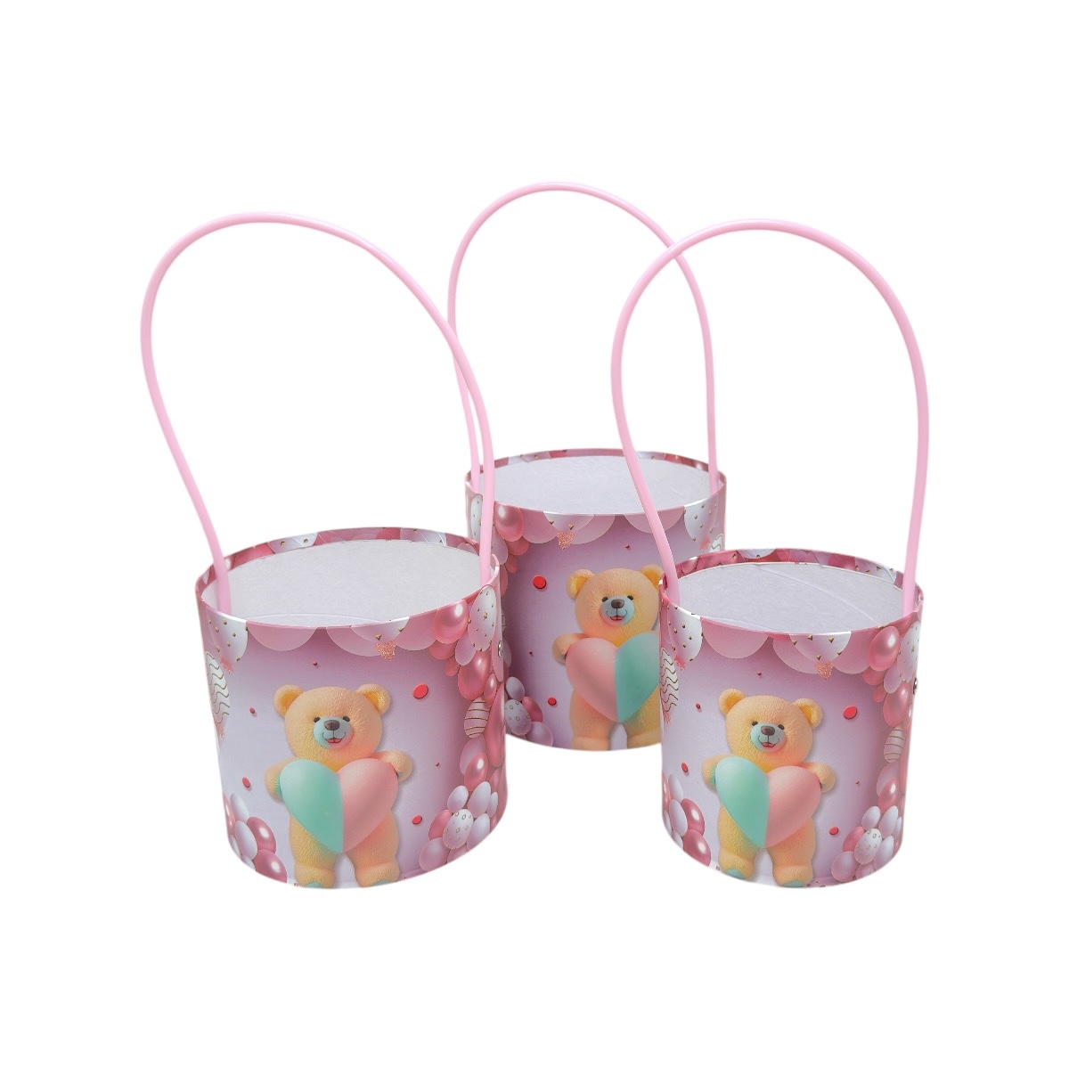 Set 3 Cutii Rotunde cu Maner si Ursulet cu Inima Verde Mint si Roz