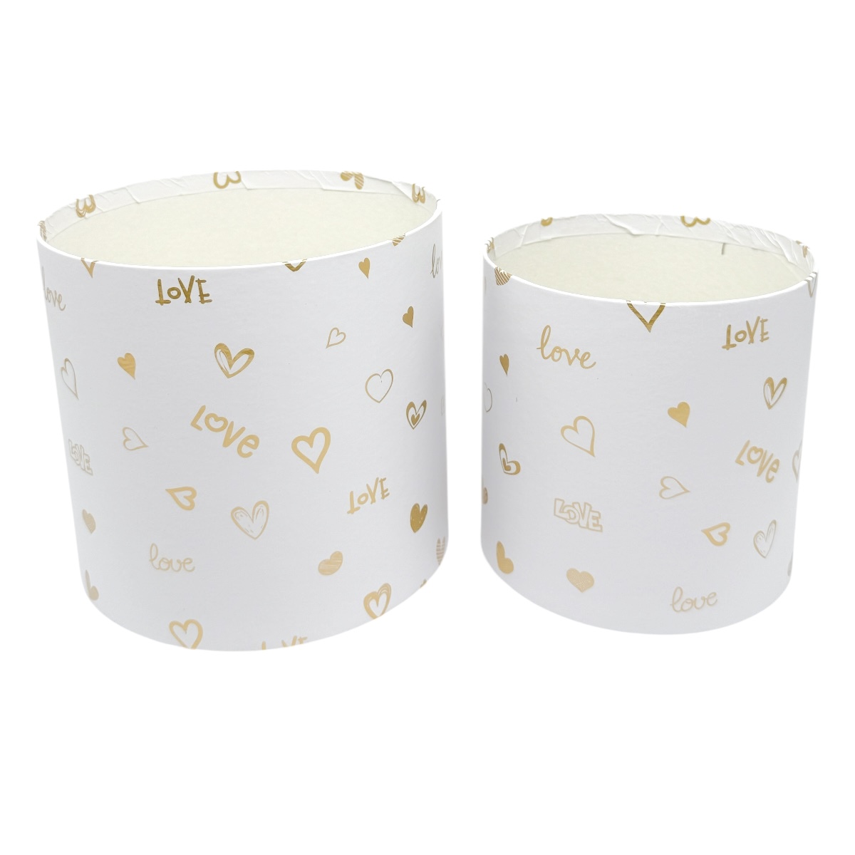 Set 2 Cutii Cilindrice Fara Capac LOVE Auriu cu Alb