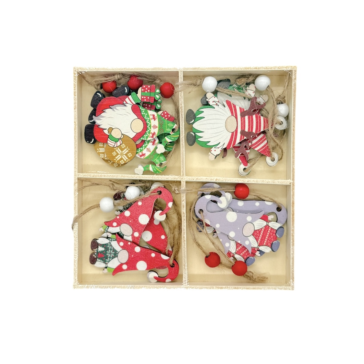 Set 12 Ornamente de Craciun din lemn Mos Color Mixt