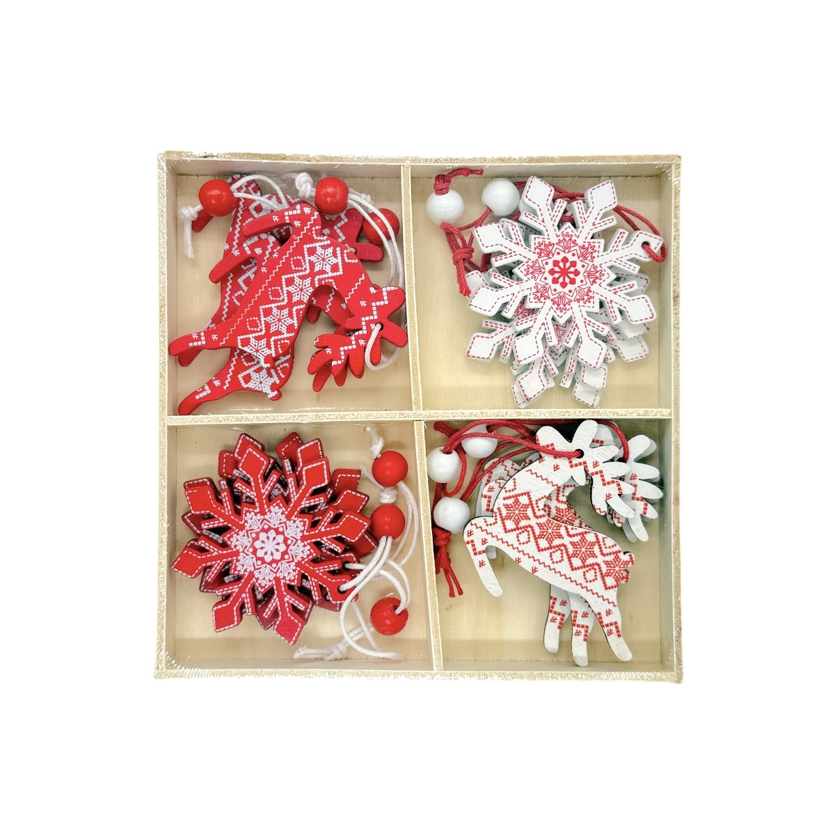Set 12 Ornamente de Craciun din lemn Fulg si Ren Traditional Alb Rosu