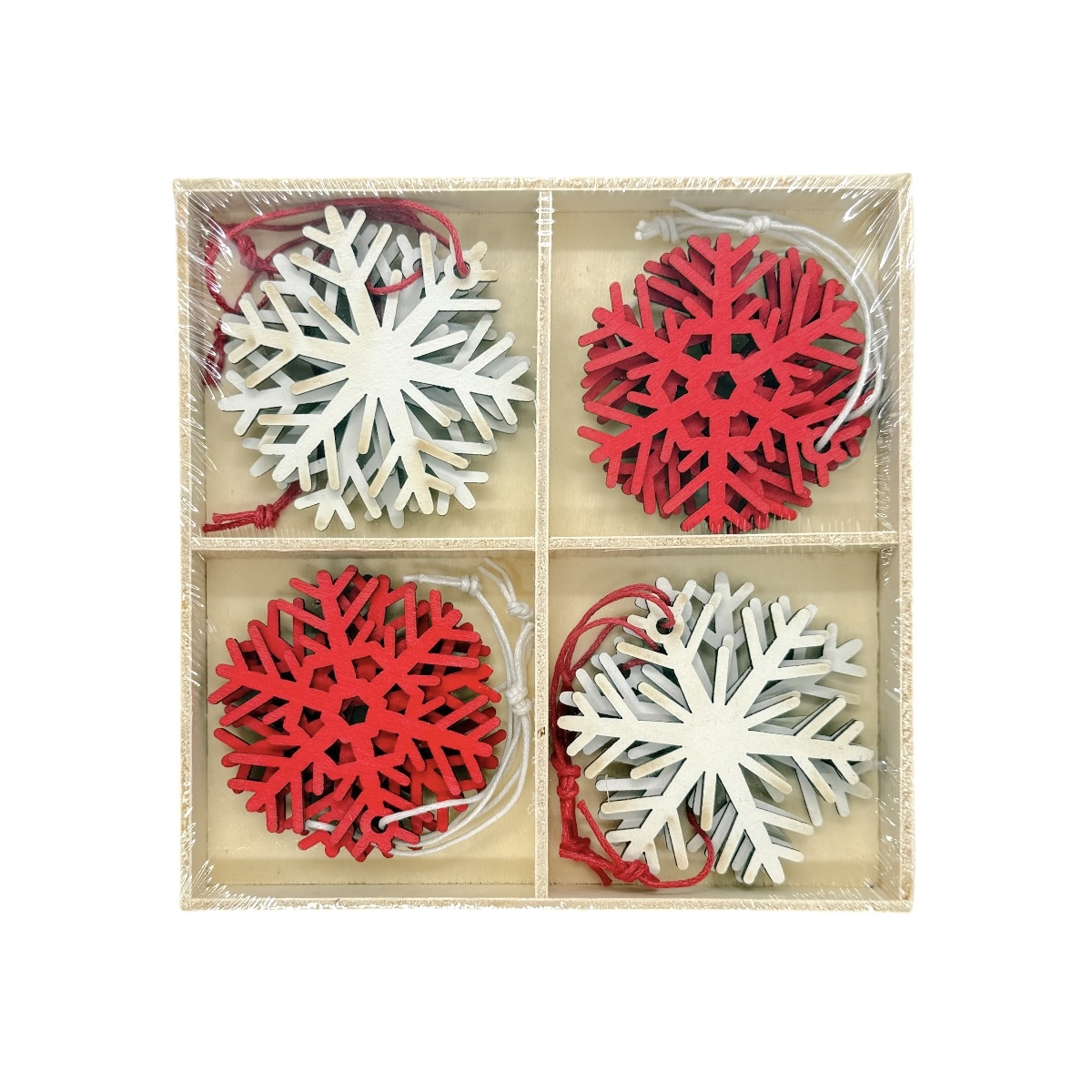 Set 12 Ornamente de Craciun din lemn Fulgi Alb Rosu