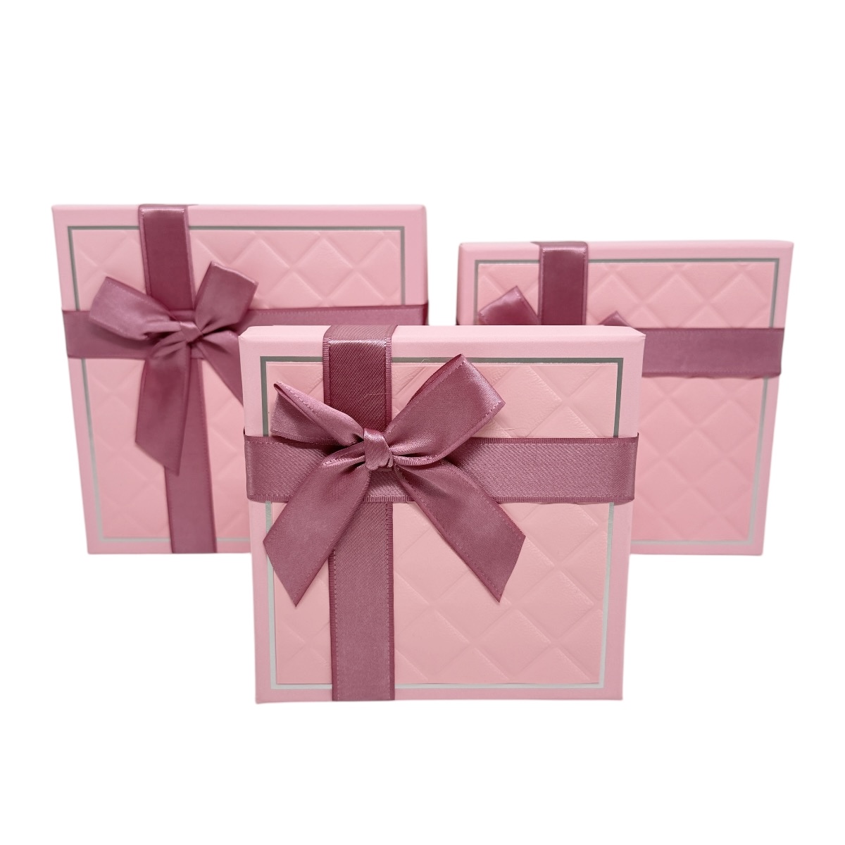 Set 3 Cutii Patrate Efect Piele si Funda Roz