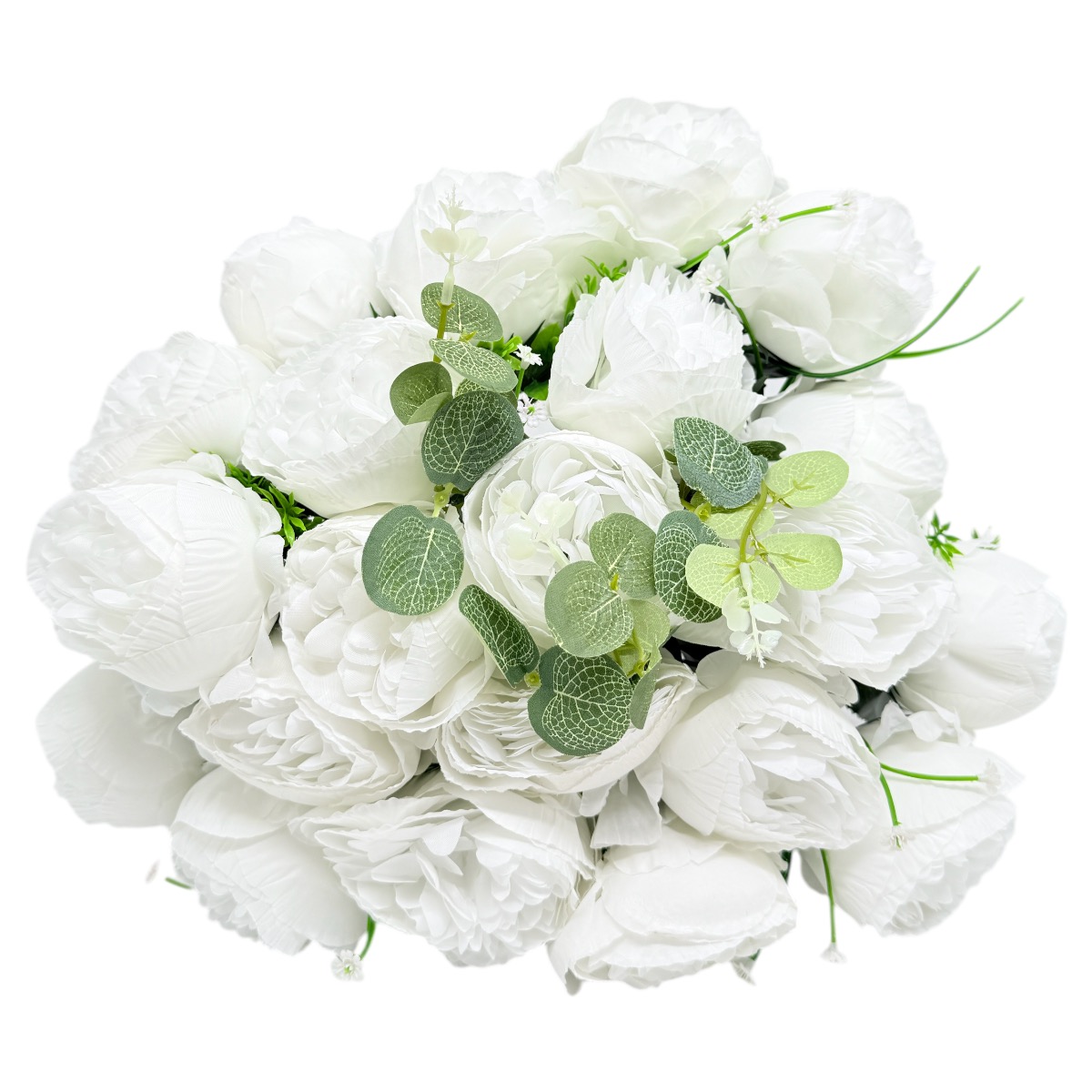 Buchet 24 fire Artificiale Bujori Mari cu Verdeata Alb