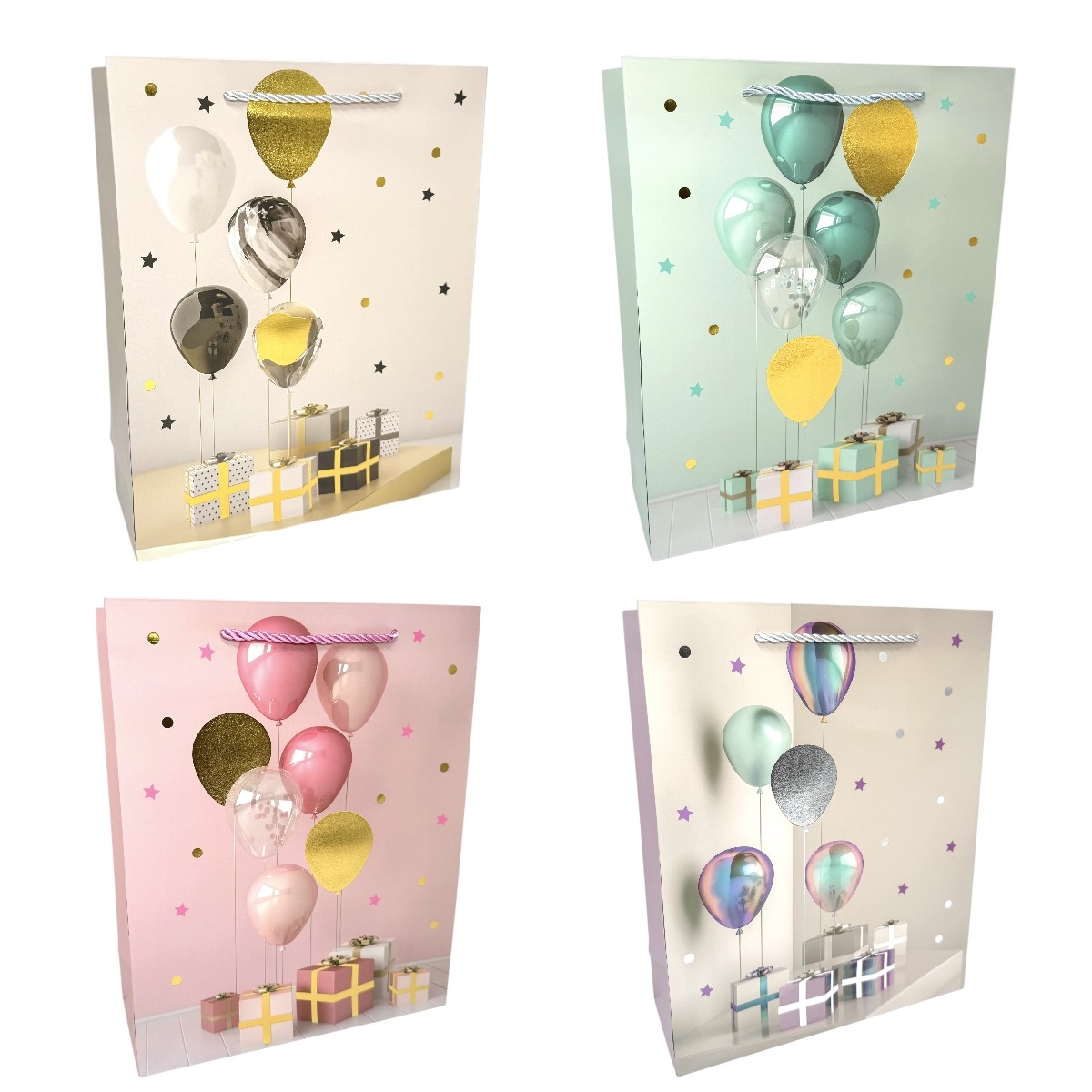 Set 12 Pungi Cadou Mixte Model Baloane Metalizate 26x32x10