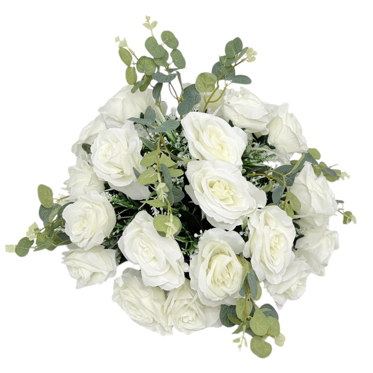 Coroana Funerara Artificiala Tip Jerba Rotunda cu Verdeata si Trandafiri Alb