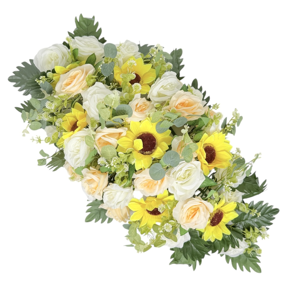 Coroana Funerara Artificiala Tip Jerba Trandafiri si Floarea Soarelui Piersica Galben
