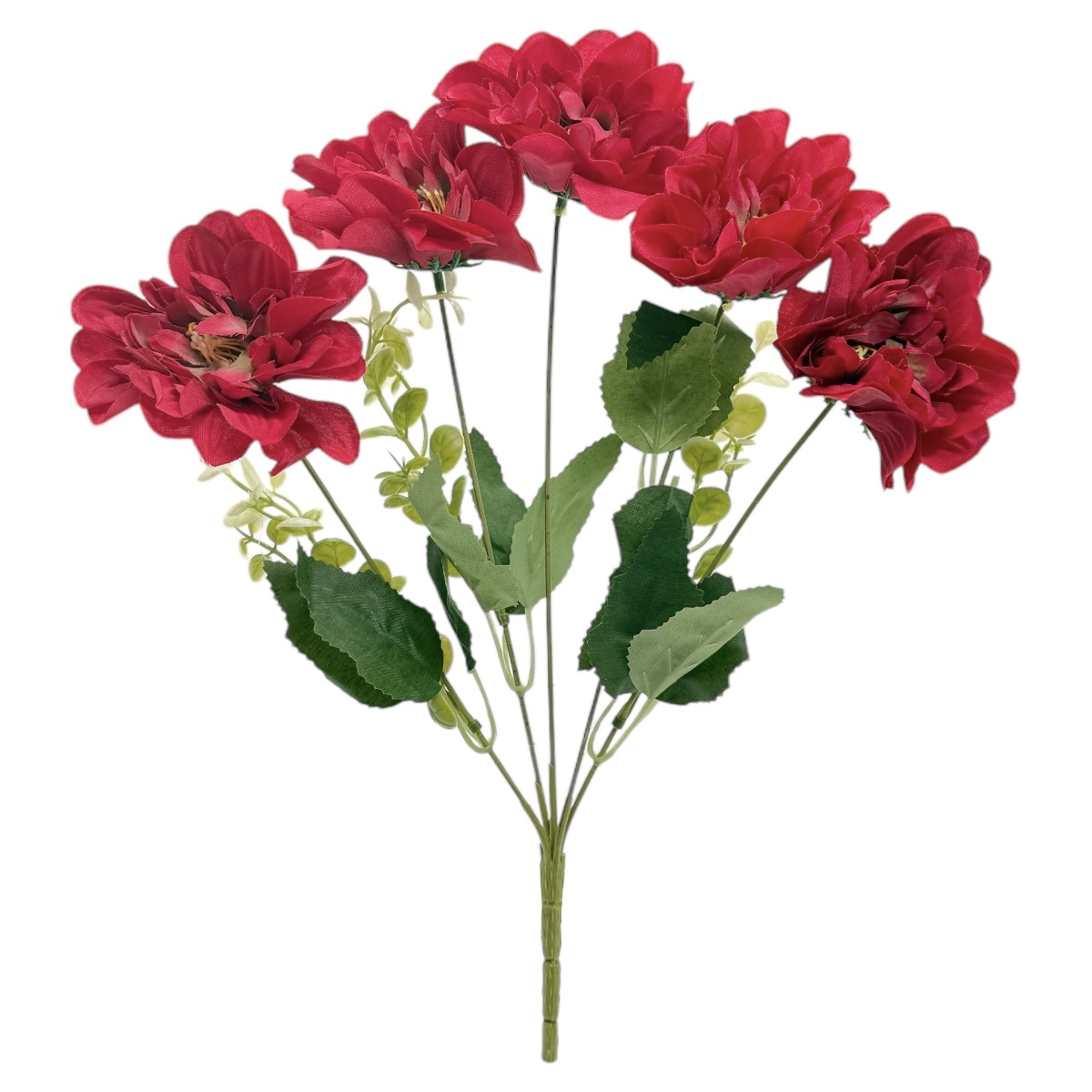 Buchet 5 fire Camelie si Baby Eucalipt Rosu