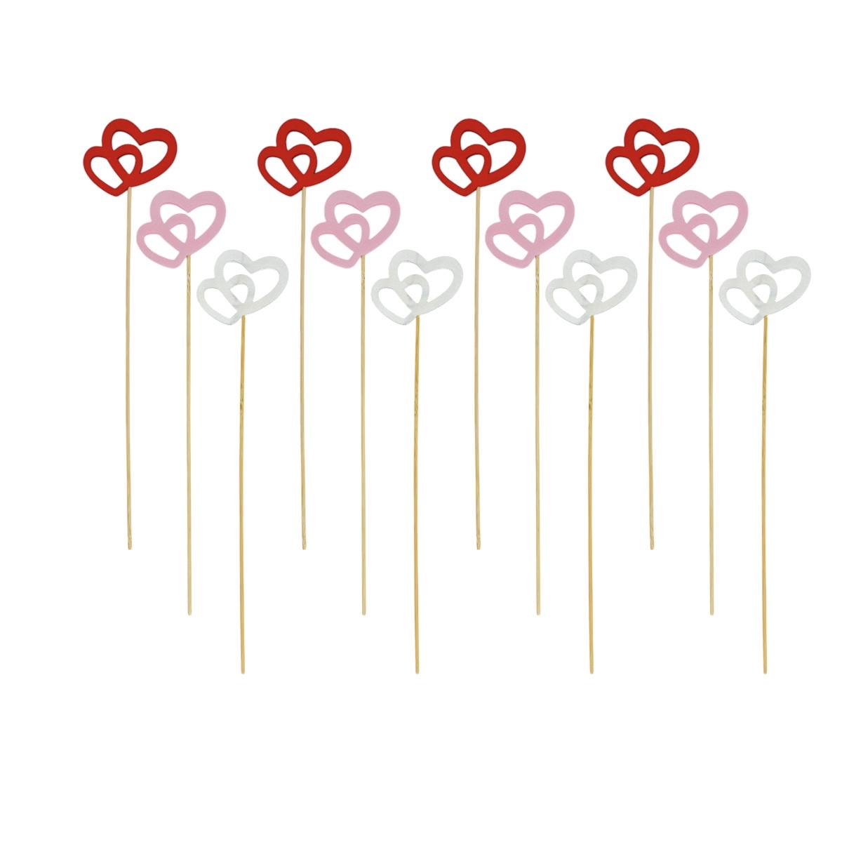 Set 12 Inimi Duble pe Bat Decupate Lemn Rosu Roz Alb