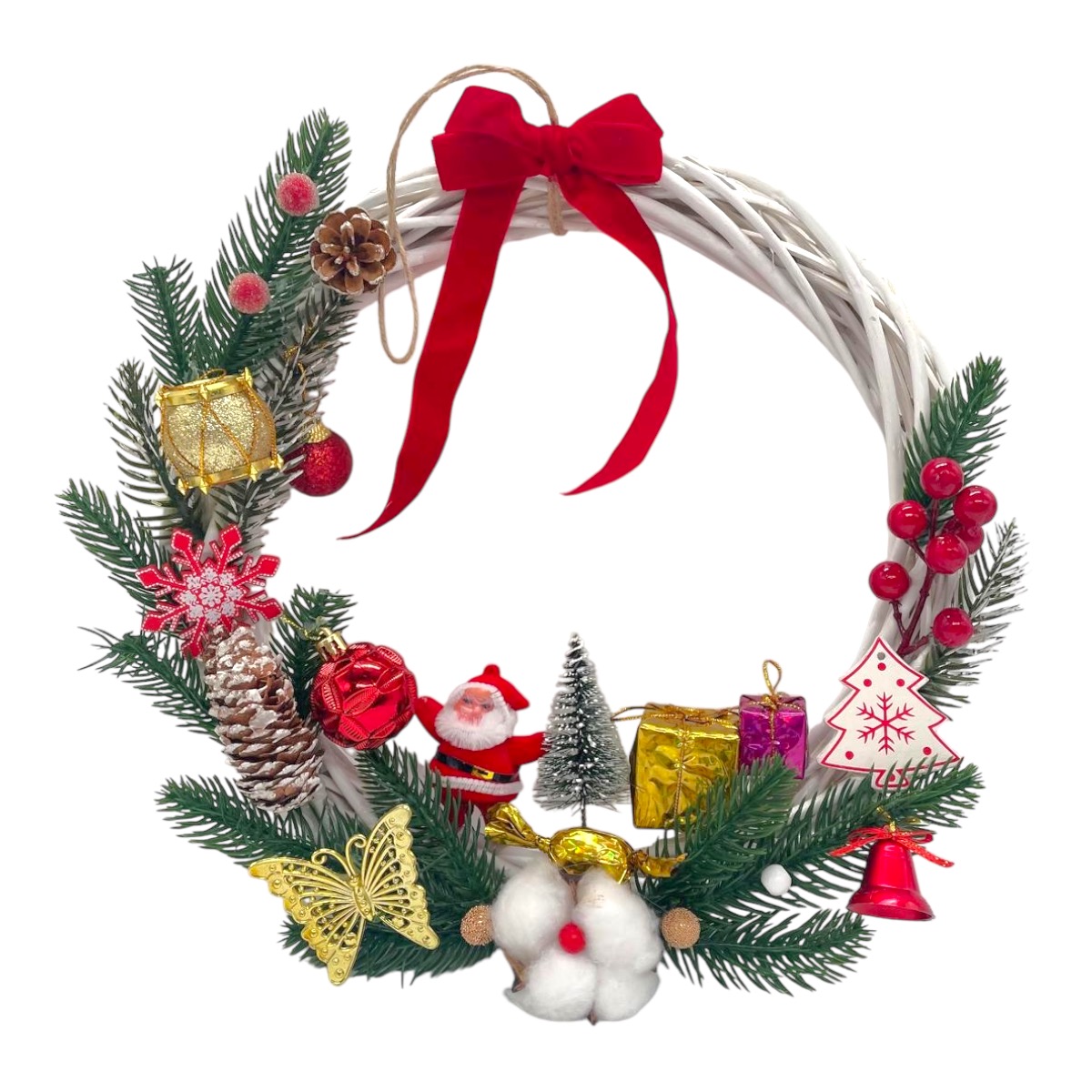 Coronita ratan alba 30cm cu ornamente de Craciun