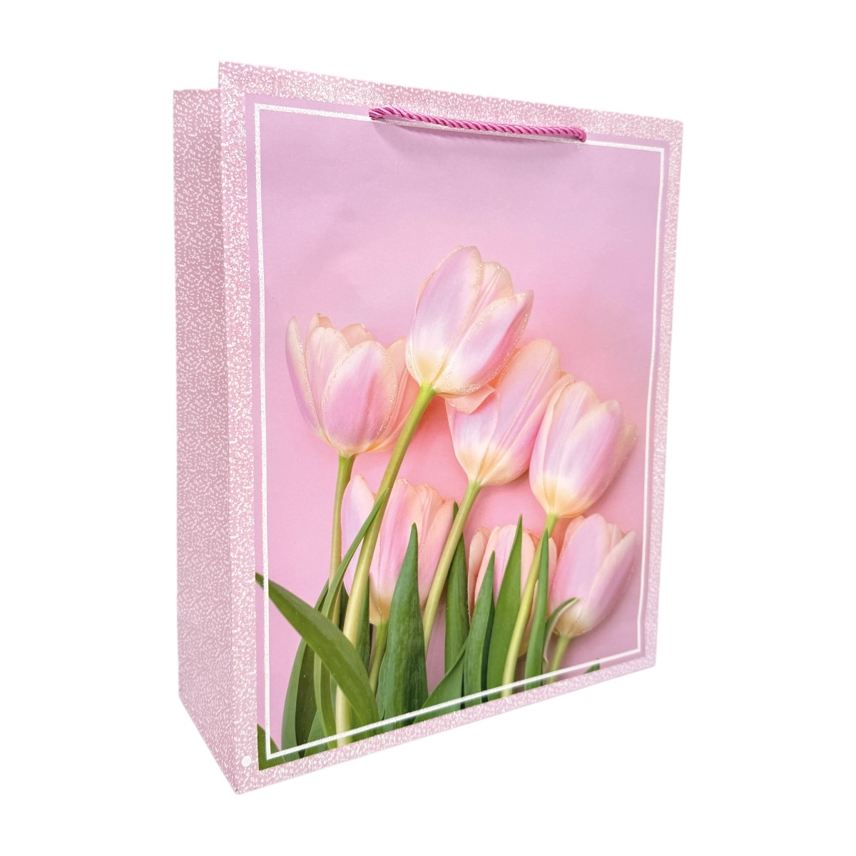 Set 12 Pungi Cadou Lalele cu Glitter Roz 26x32x10