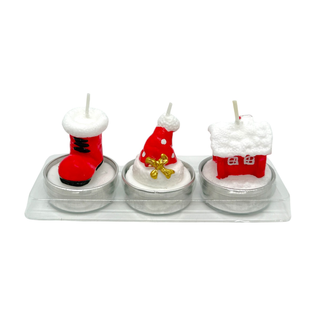 Set 3 bucati lumanari de Craciun cu Ghetuta Caciula si Casuta