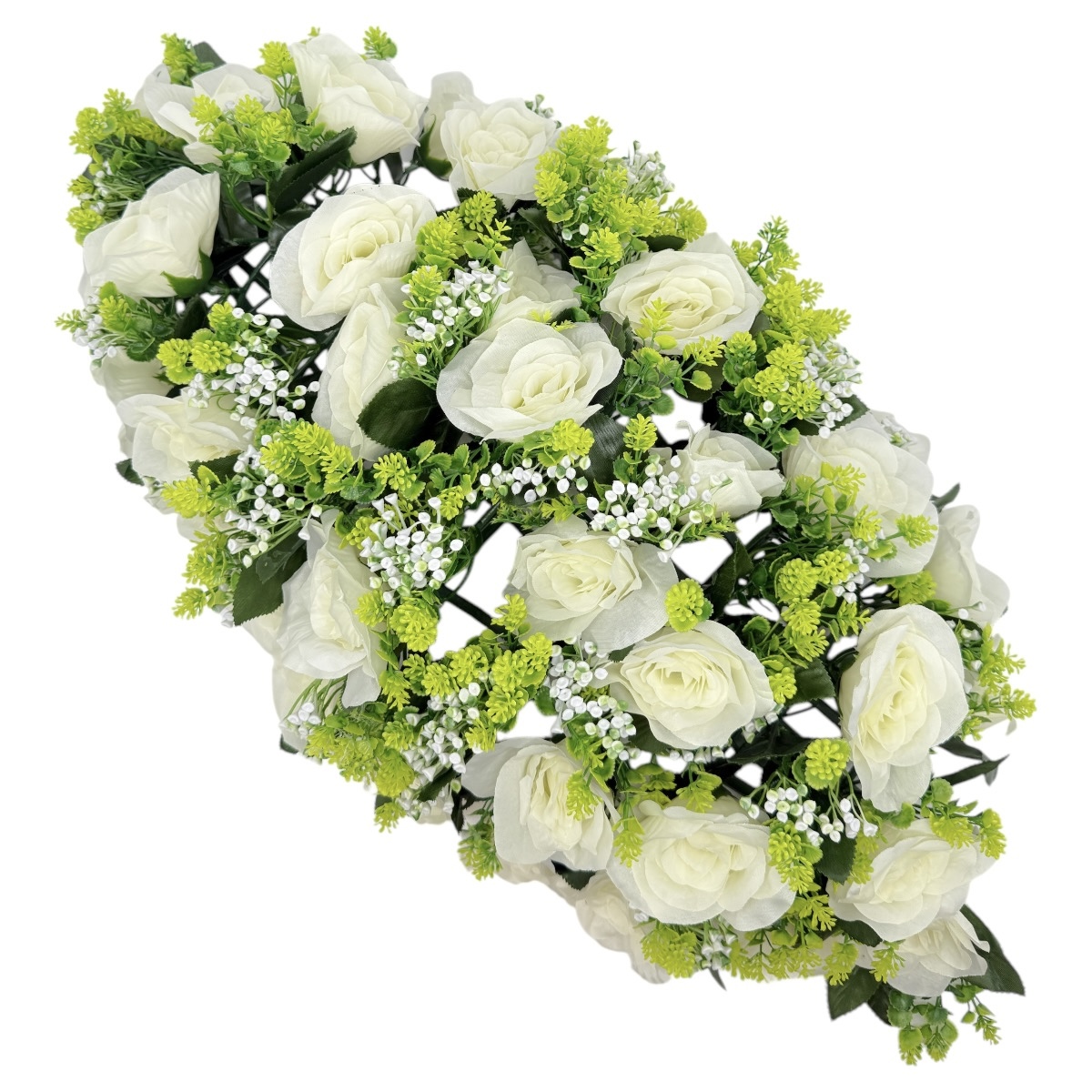 Coroana Funerara Artificiala Tip Jerba cu Trandafiri si Verdeata Alb Verde Lime