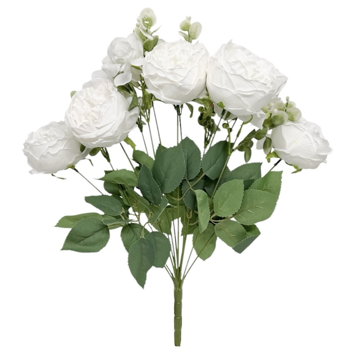 Buchet 13 fire Artificiale Bujori Mari cu Hortensie si Verdeata Alb