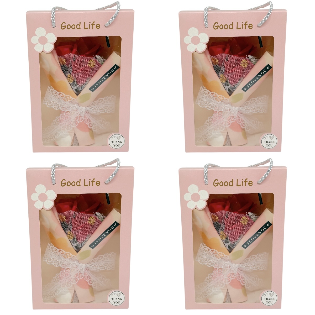 Set 4 Buchetele cu Trandafir de Sapun in Cutie si Fundita Dantela Rosu