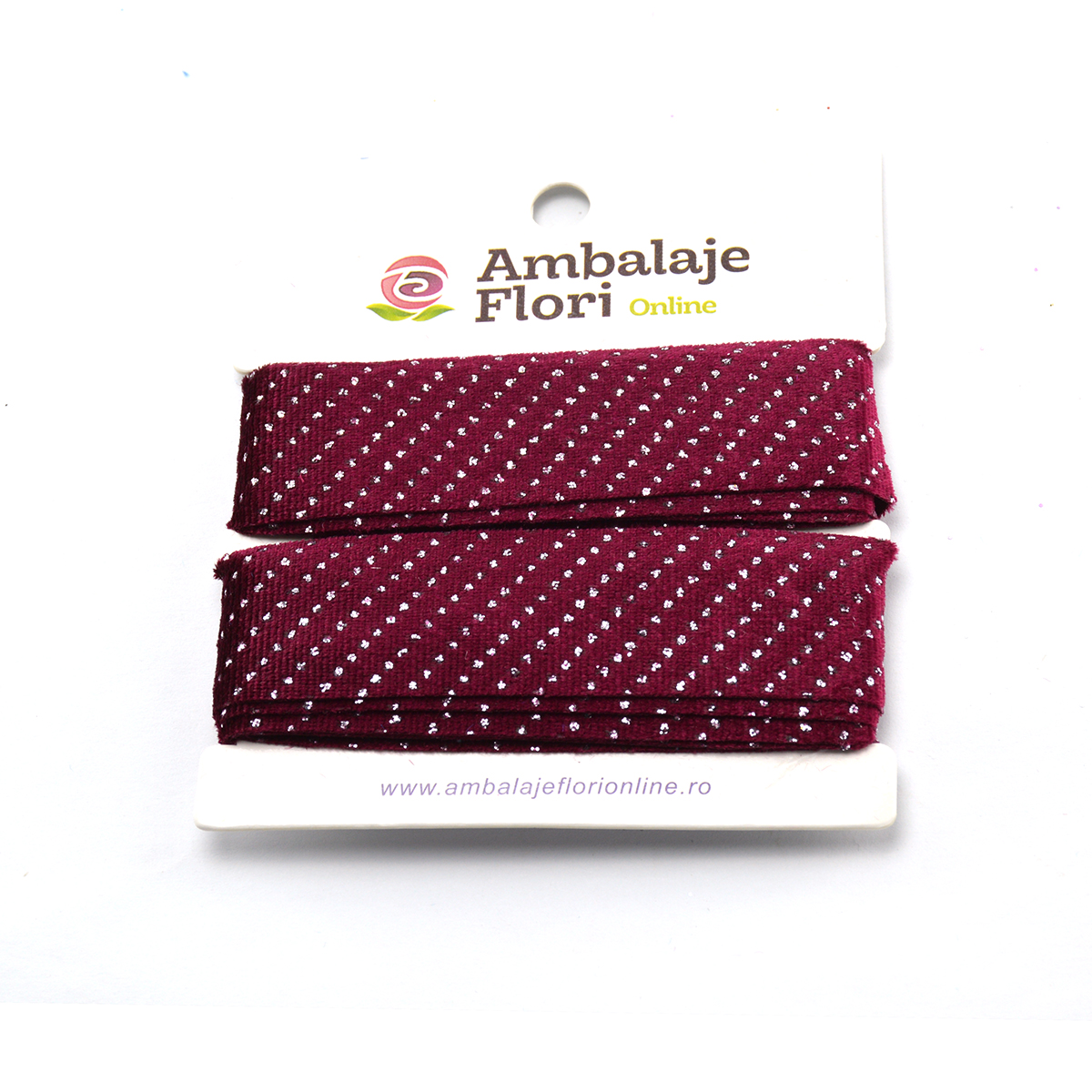 Panglica din catifea cu buline argintii grena 2.5cm AFO
