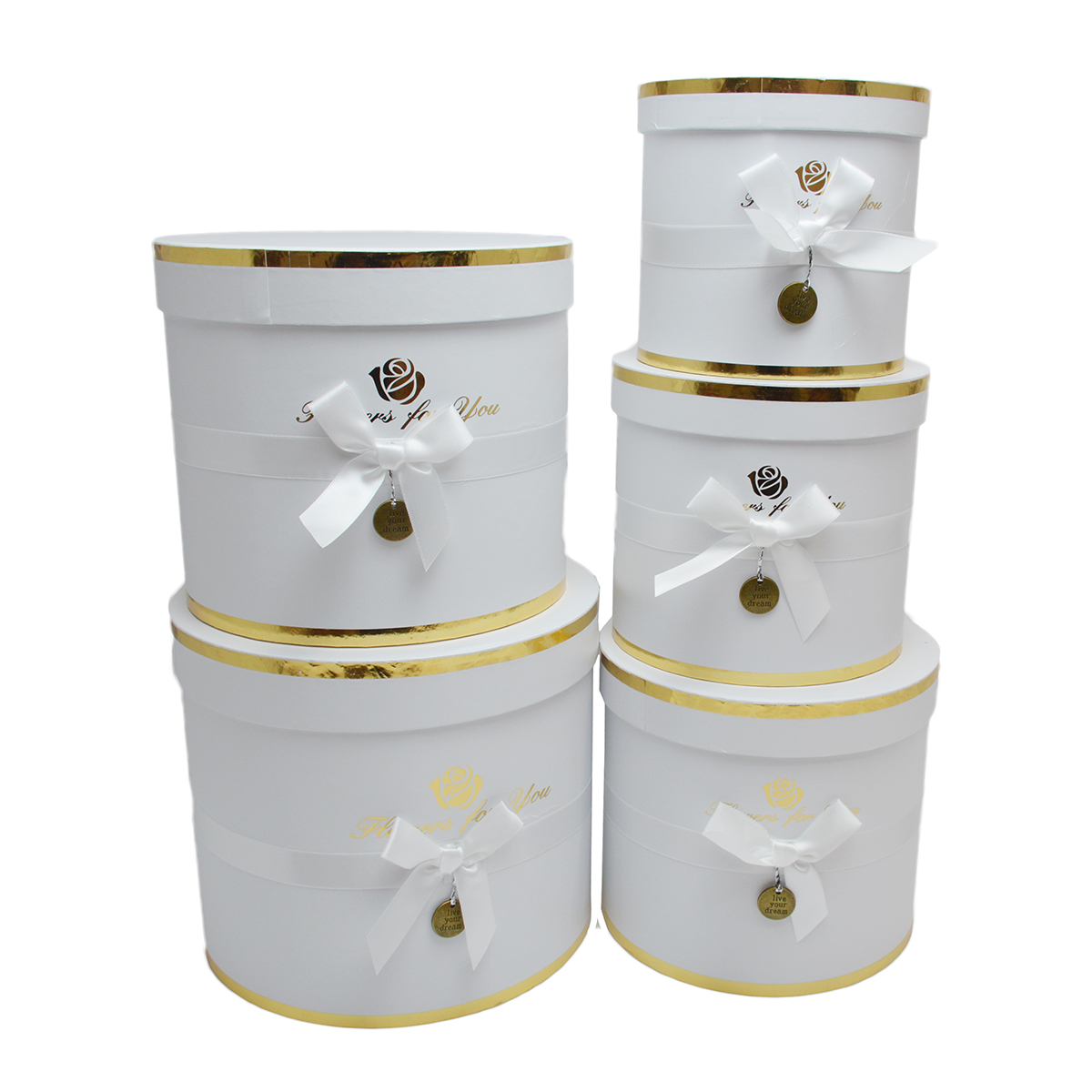 Set 5 cutii cilindrice FLowers for you cu funda auriu alb