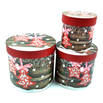 Set 3 cutii rotunde model ornamente Craciun rosu cu maro AFO