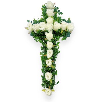 Cruce funerara cu Trandafiri artificiali Albi