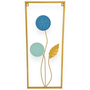Tablou decorativ metalic cu flori si frunze aurii albastre