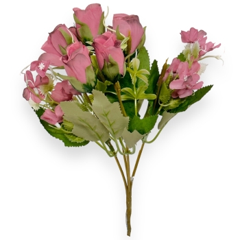 Buchet 6 trandafiri cu mini hortensie roze prafuit