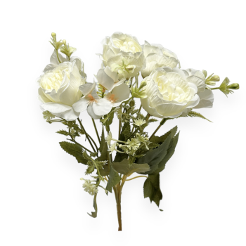 Buchet Artificial 7 Fire Trandafiri Austin si Flori de Mar Alb