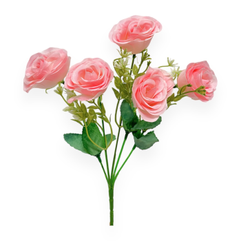 Buchet Artificial 5 Fire Trandafir cu Mini Eucalipt Roz Pal
